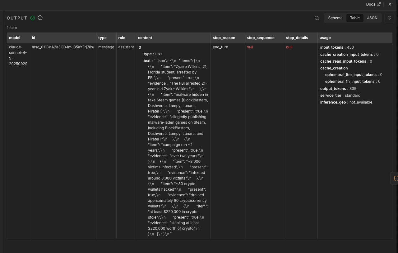 Judge output: per-item present/absent verdicts with an evidence quote for each
